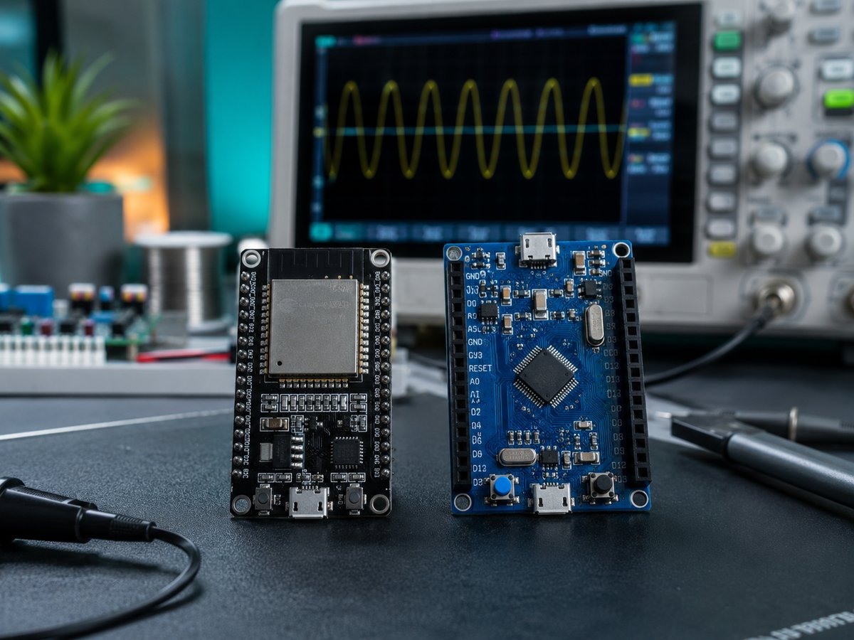 Módulo ESP32 DevKit e placa de desenvolvimento de 32 bits lado a lado na bancada, com osciloscópio ao fundo